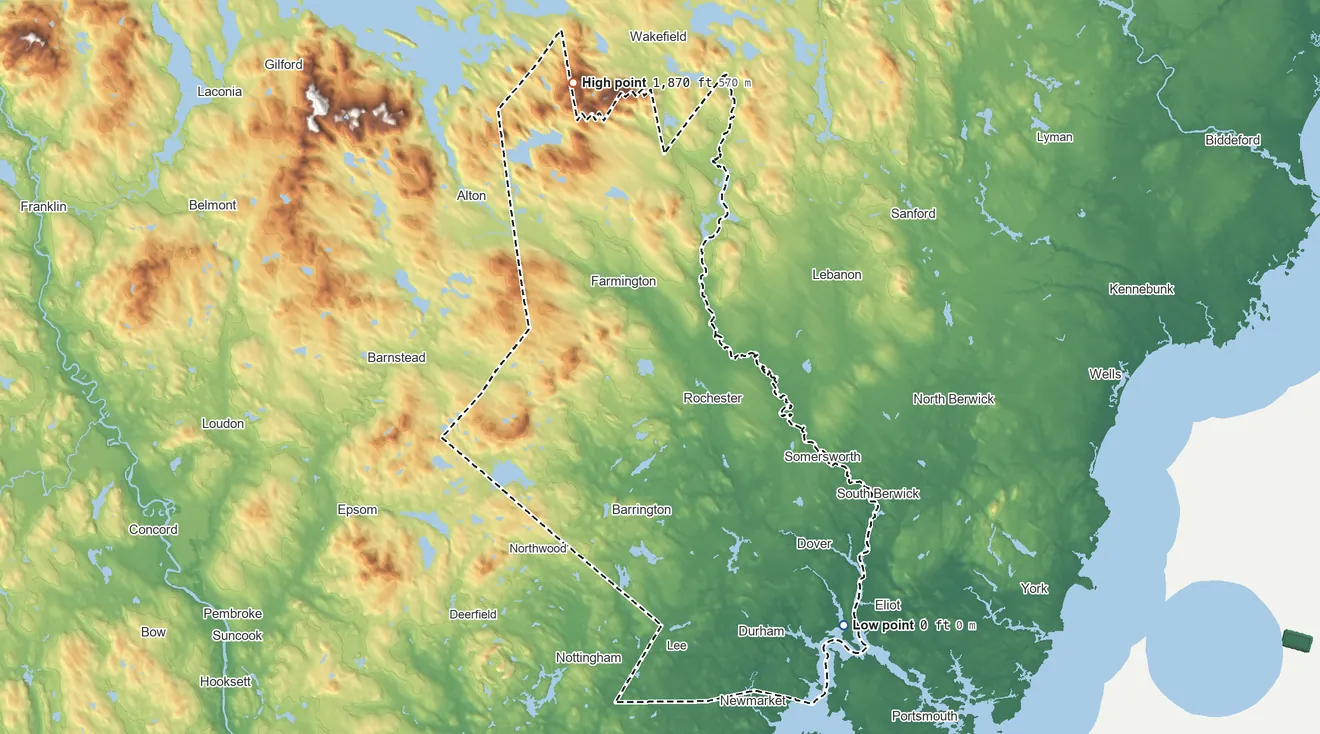 Topographic elevation map of Strafford County, New Hampshire, shaded from 0 ft on the southeast side to 1,870 ft on Copple Crown Mountain