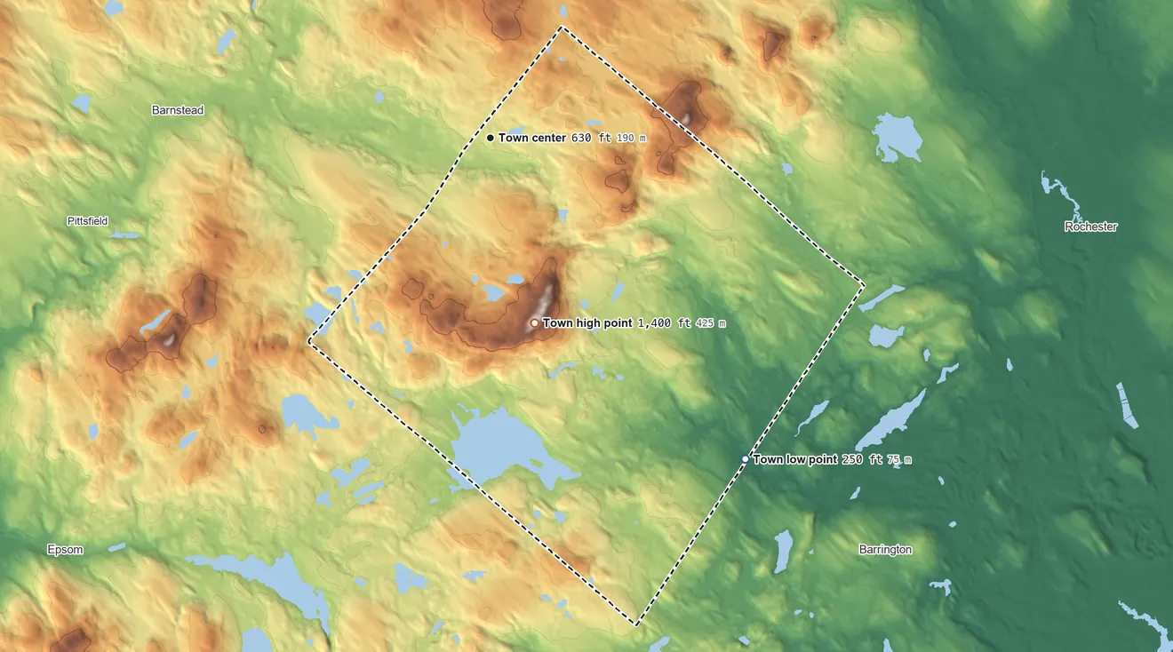 Topographic elevation map of Strafford, New Hampshire, shaded from 250 ft on the southeast side to 1,400 ft on Parker Mountain