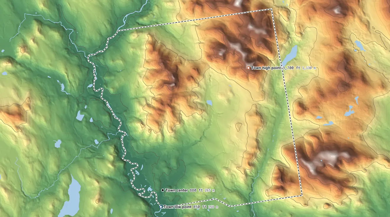 Topographic elevation map of Stratford, New Hampshire, shaded from 850 ft near the middle to 3,702 ft on Sugarloaf