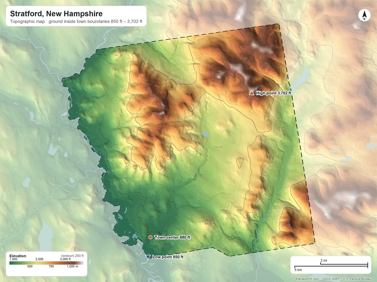 Topographic elevation map of Stratford, New Hampshire, shaded from 850 ft near the middle to 3,702 ft on Sugarloaf