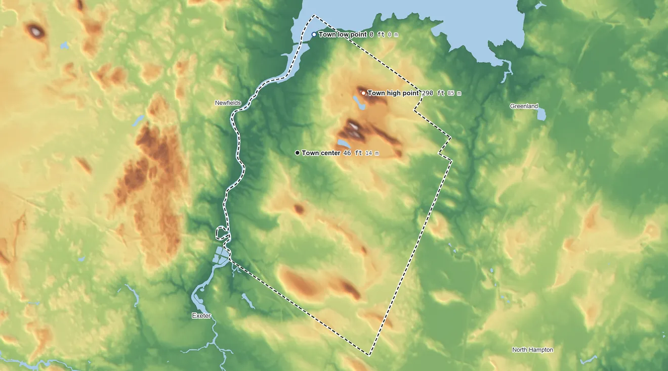 Topographic elevation map of Stratham, New Hampshire, shaded from 0 ft on the north side to 286 ft on Stratham Hill