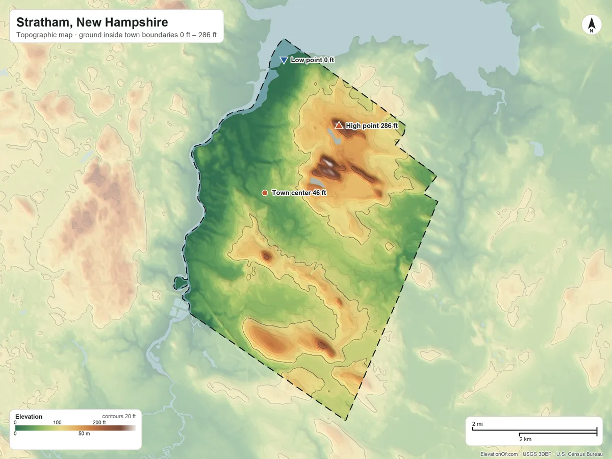 Topographic elevation map of Stratham, New Hampshire, shaded from 0 ft on the north side to 286 ft on Stratham Hill