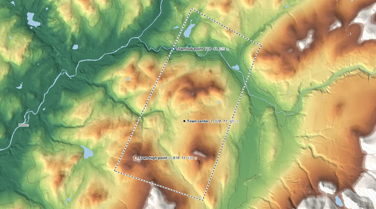 Topographic elevation map of Sugar Hill, New Hampshire, shaded from 770 ft on the north side to 2,070 ft on Bronson Hill