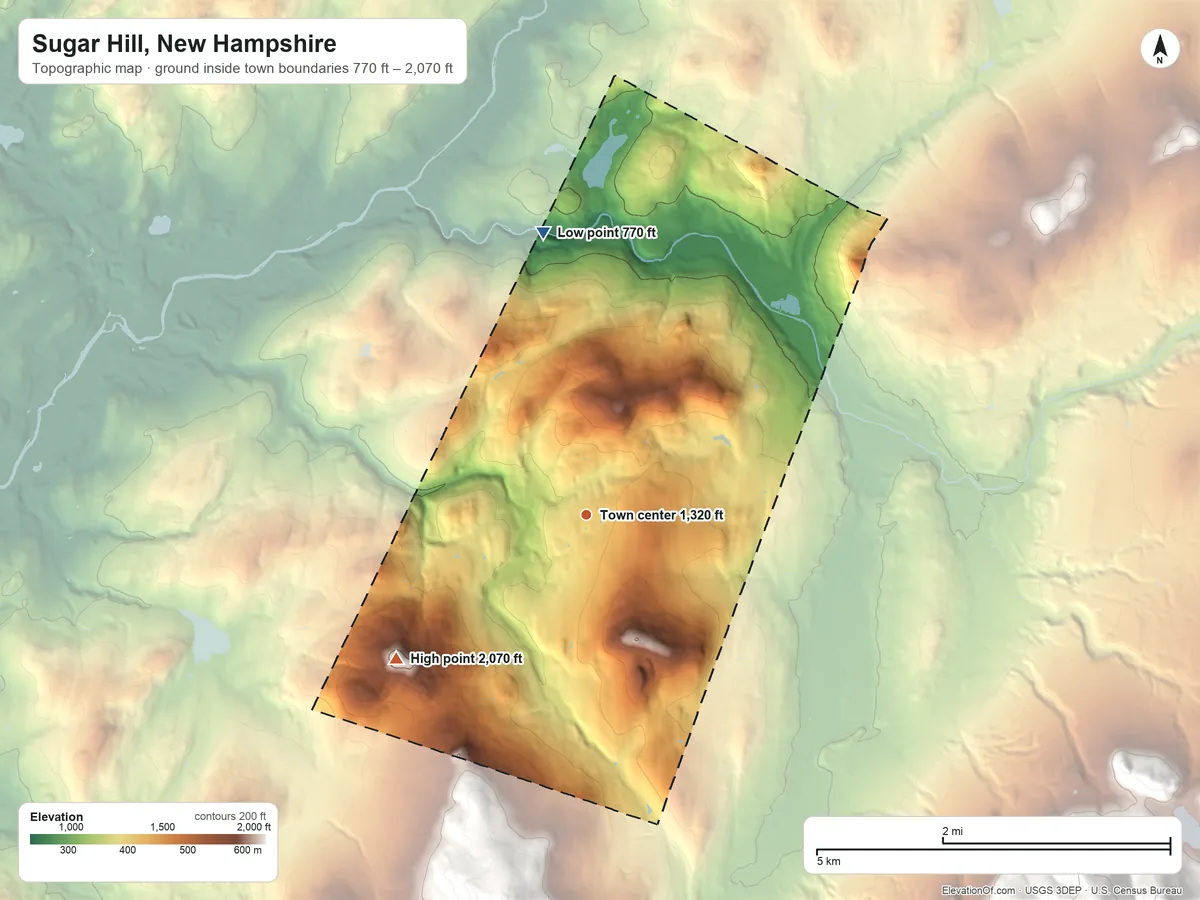 Topographic elevation map of Sugar Hill, New Hampshire, shaded from 770 ft on the north side to 2,070 ft on Bronson Hill