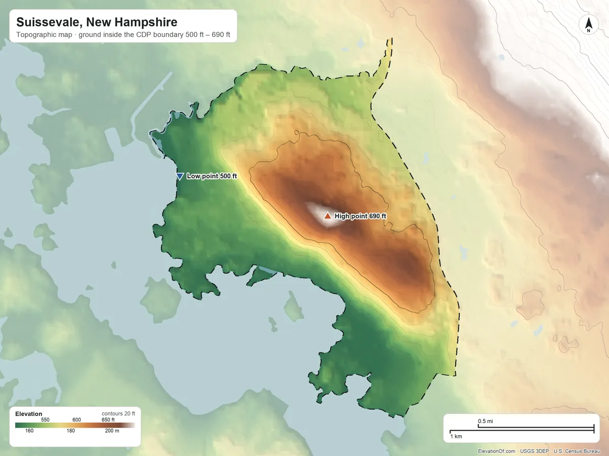 Topographic elevation map of Suissevale, New Hampshire, shaded from 500 ft on the west side to 690 ft at the foot of the Ossipee Mountains