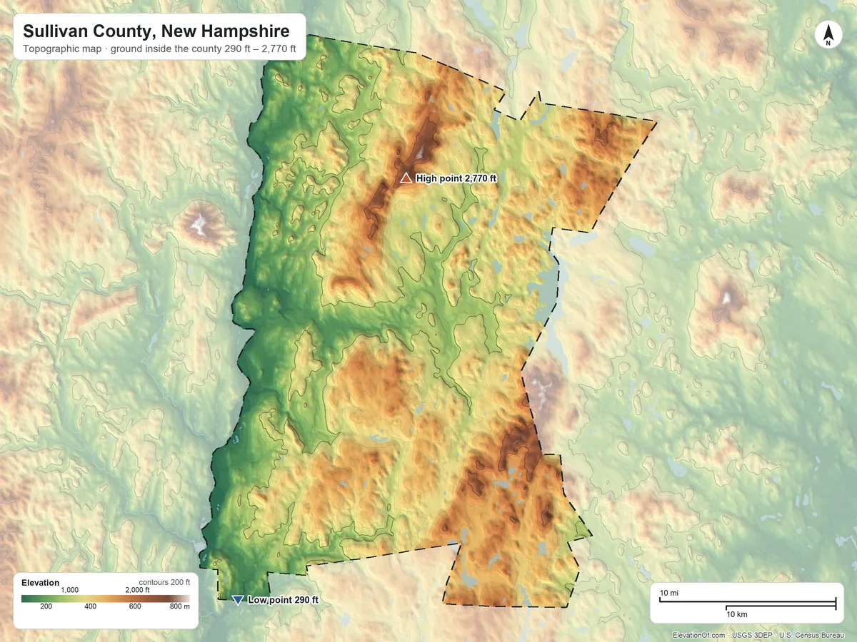 Topographic elevation map of Sullivan County, New Hampshire, shaded from 290 ft on the southwest side to 2,770 ft on Croydon Peak