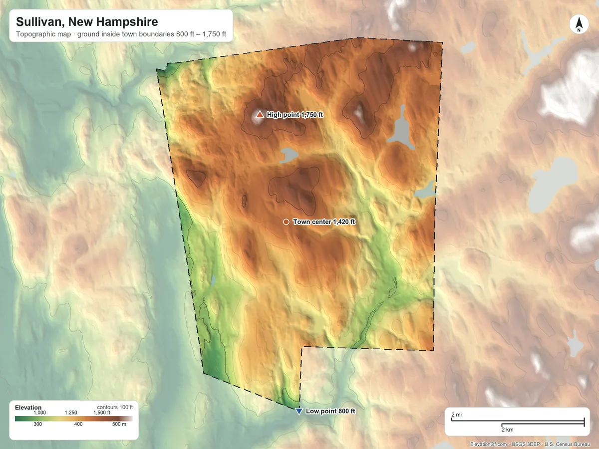 Topographic elevation map of Sullivan, New Hampshire, shaded from 800 ft on the south side to 1,750 ft on Boynton Hill
