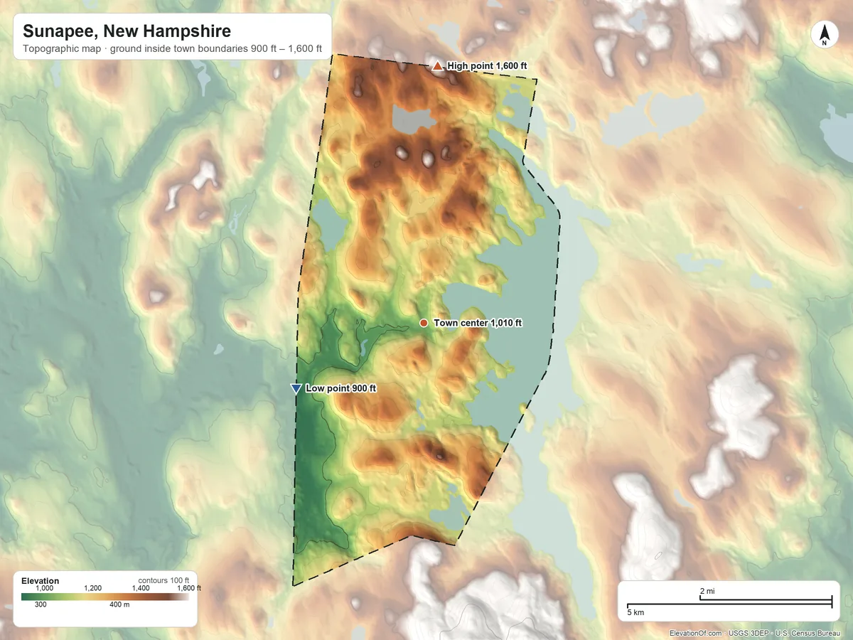 Topographic elevation map of Sunapee, New Hampshire, shaded from 900 ft on the southwest side to 1,600 ft on the north side