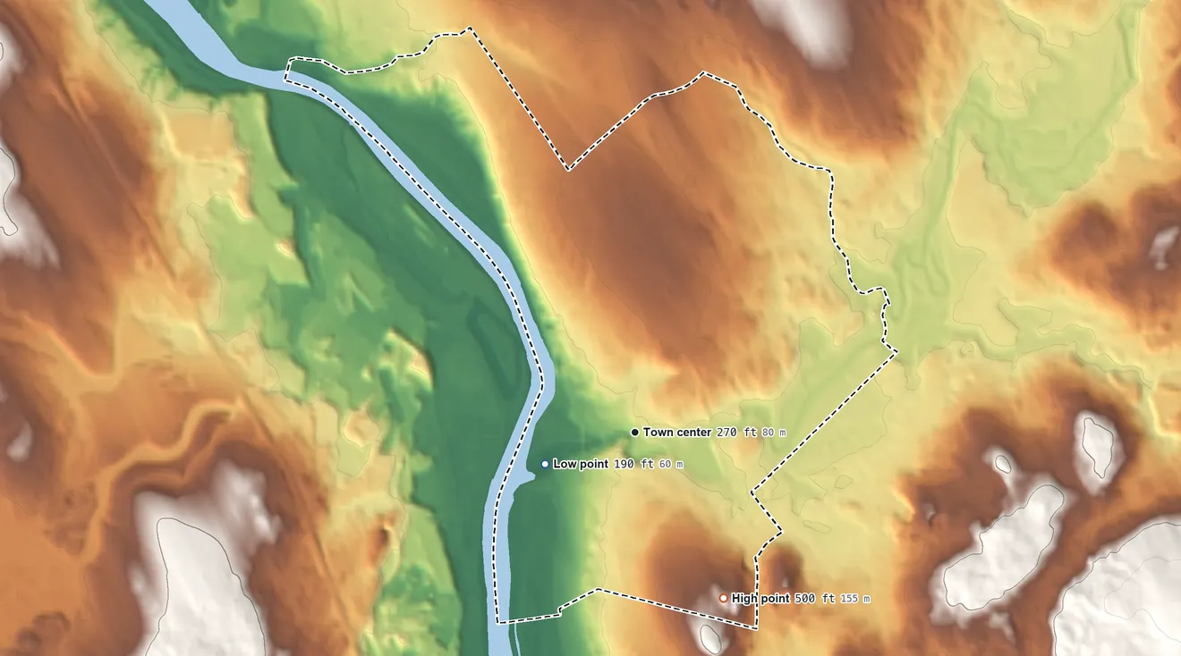 Topographic elevation map of Suncook, New Hampshire, shaded from 190 ft on the west side to 500 ft on the southeast side
