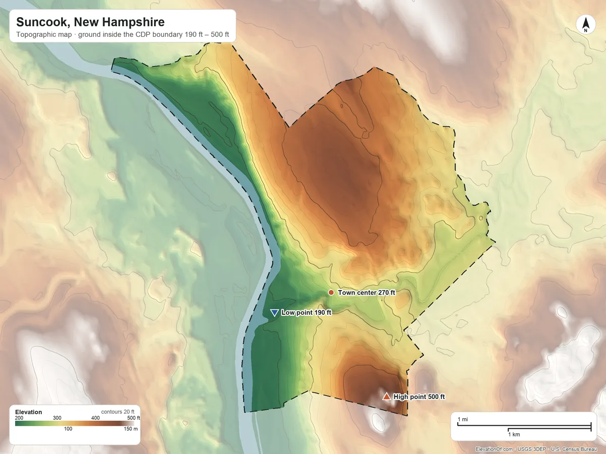 Topographic elevation map of Suncook, New Hampshire, shaded from 190 ft on the west side to 500 ft on the southeast side