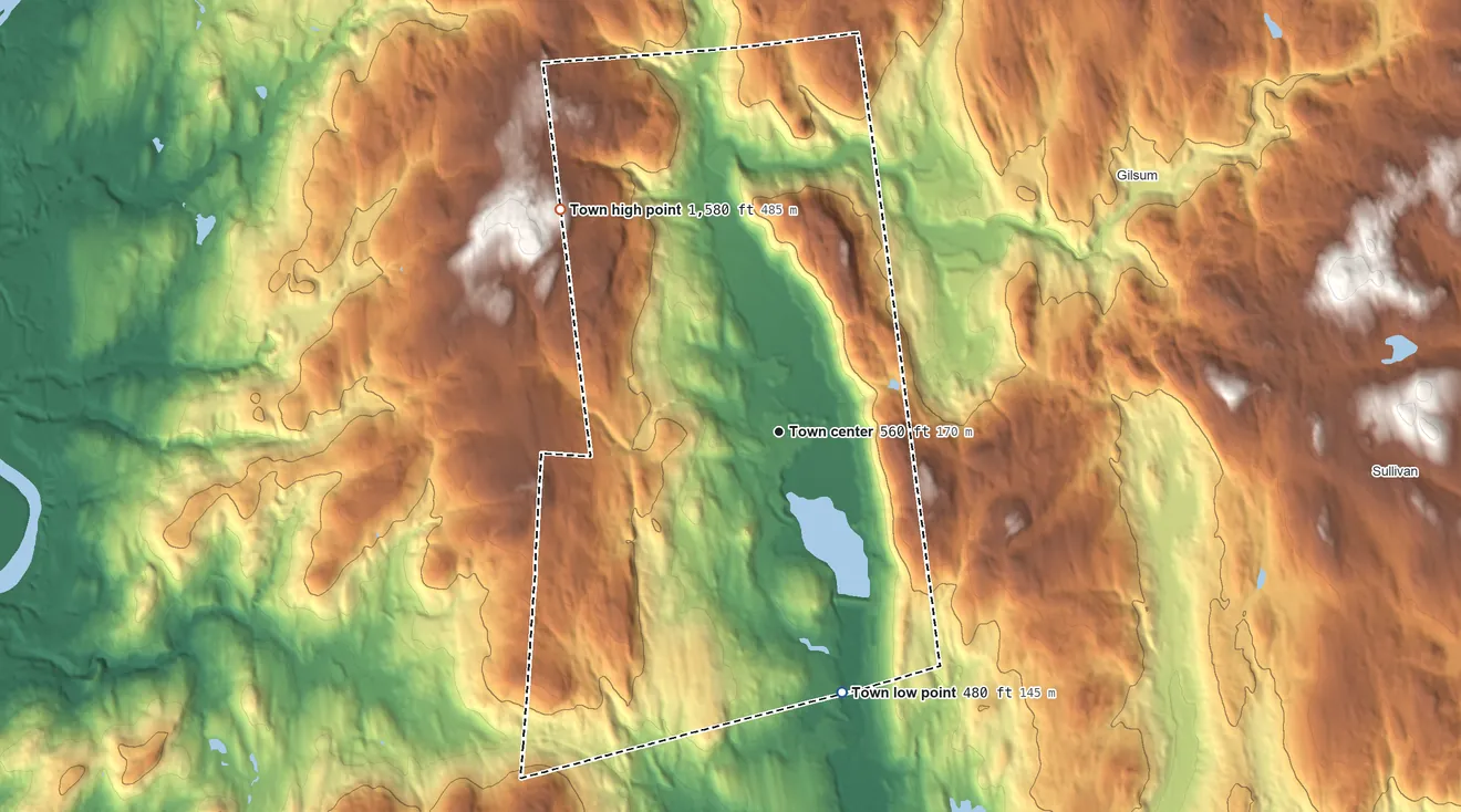 Topographic elevation map of Surry, New Hampshire, shaded from 480 ft on the south side to 1,580 ft on the northwest side