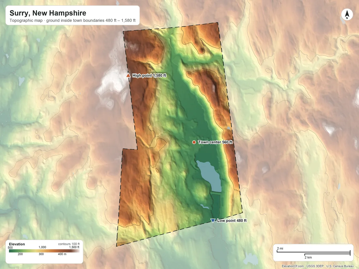 Topographic elevation map of Surry, New Hampshire, shaded from 480 ft on the south side to 1,580 ft on the northwest side
