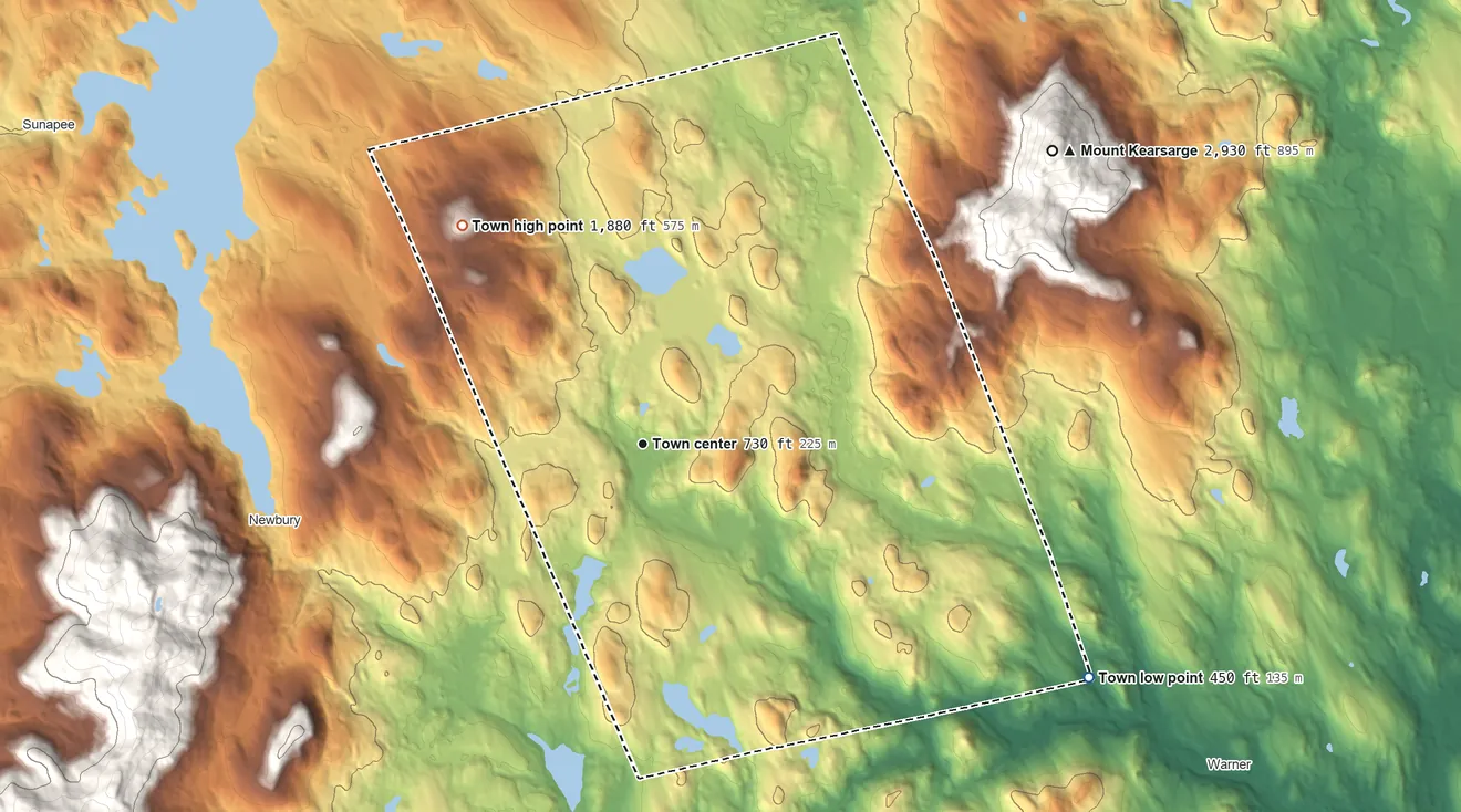 Topographic elevation map of Sutton, New Hampshire, shaded from 450 ft on the southeast side to 1,880 ft on Kings Hill