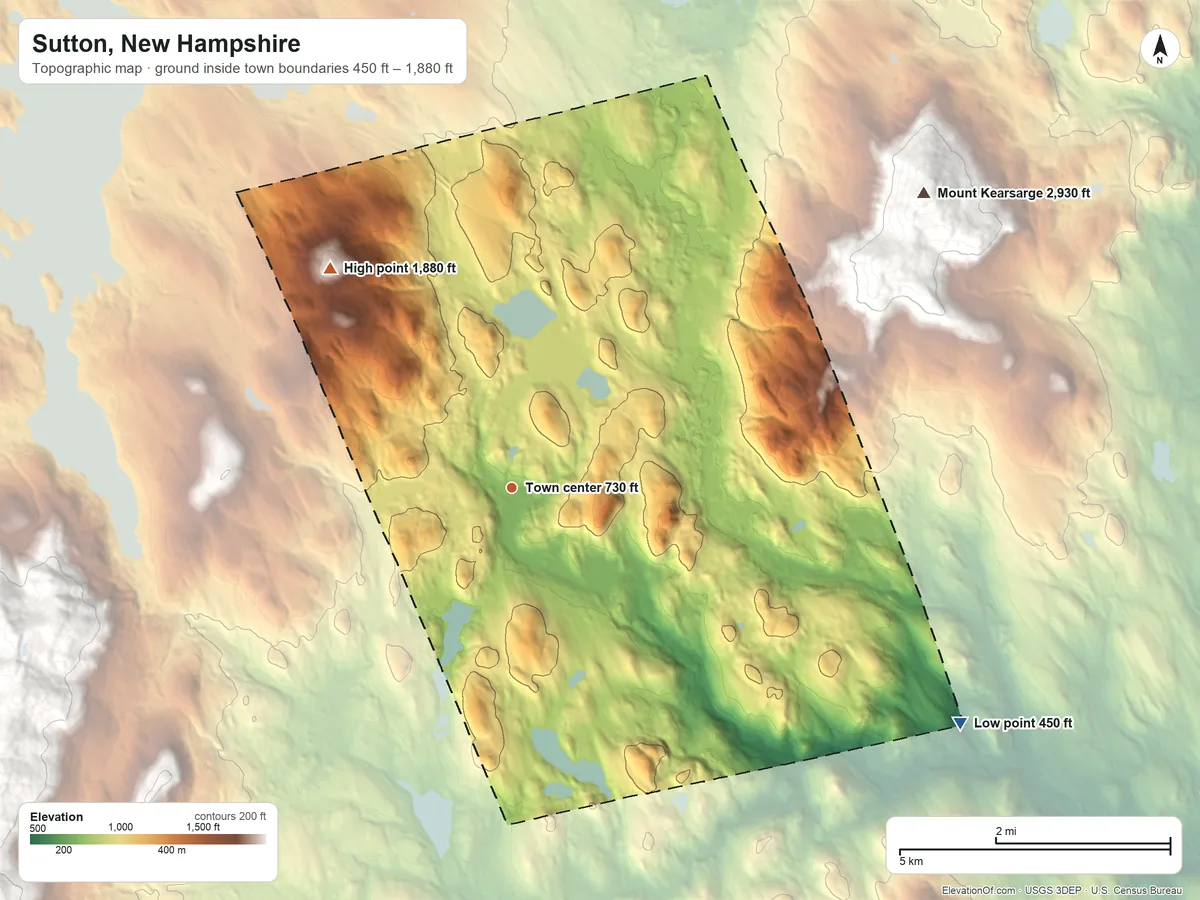 Topographic elevation map of Sutton, New Hampshire, shaded from 450 ft on the southeast side to 1,880 ft on Kings Hill