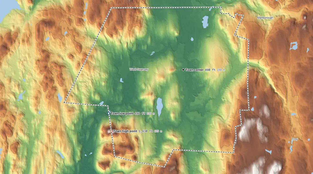 Topographic elevation map of Swanzey, New Hampshire, shaded from 440 ft on the southwest side to 1,430 ft on Franklin Mountain