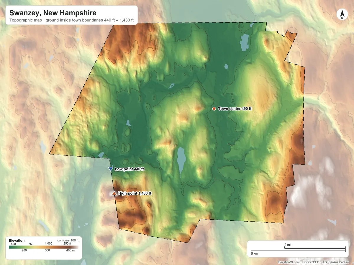 Topographic elevation map of Swanzey, New Hampshire, shaded from 440 ft on the southwest side to 1,430 ft on Franklin Mountain