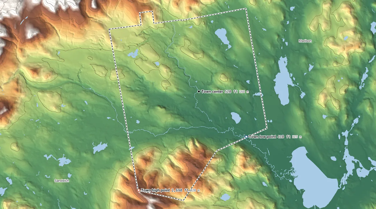 Topographic elevation map of Tamworth, New Hampshire, shaded from 410 ft on the southeast side to 2,690 ft on Black Snout Mountain