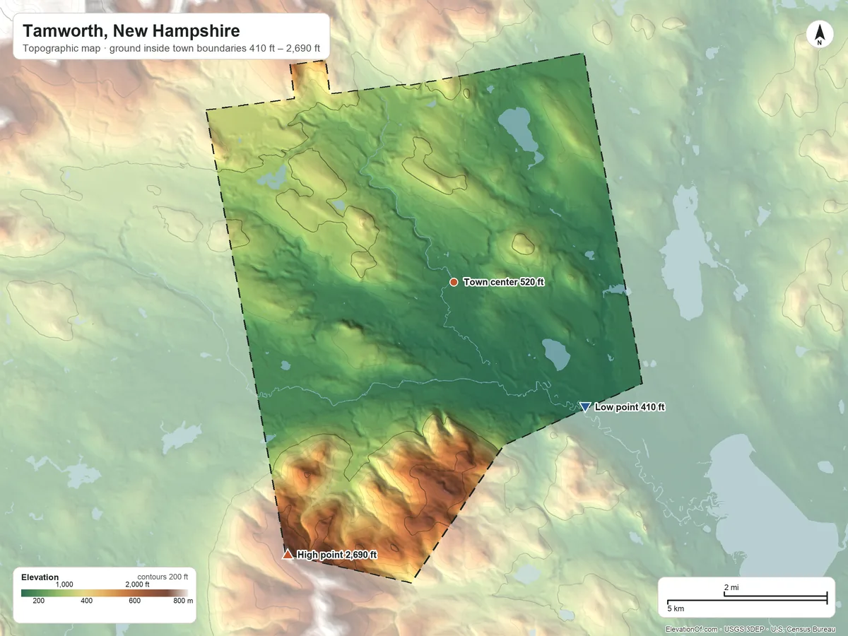 Topographic elevation map of Tamworth, New Hampshire, shaded from 410 ft on the southeast side to 2,690 ft on Black Snout Mountain