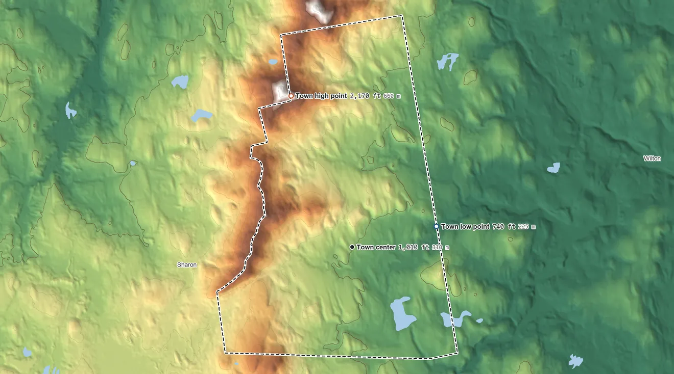 Topographic elevation map of Temple, New Hampshire, shaded from 740 ft on the east side to 2,170 ft on the north side