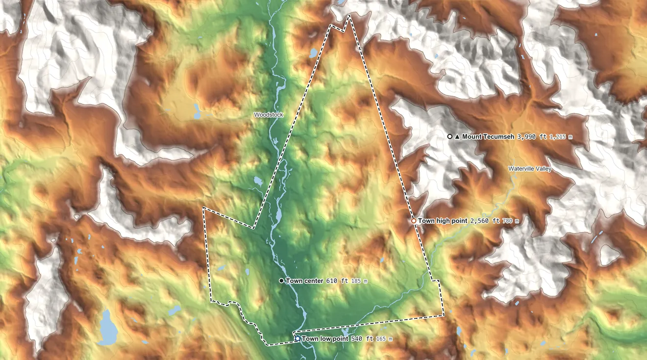 Topographic elevation map of Thornton, New Hampshire, shaded from 540 ft on the south side to 2,560 ft on the northeast edge, below higher ground just outside