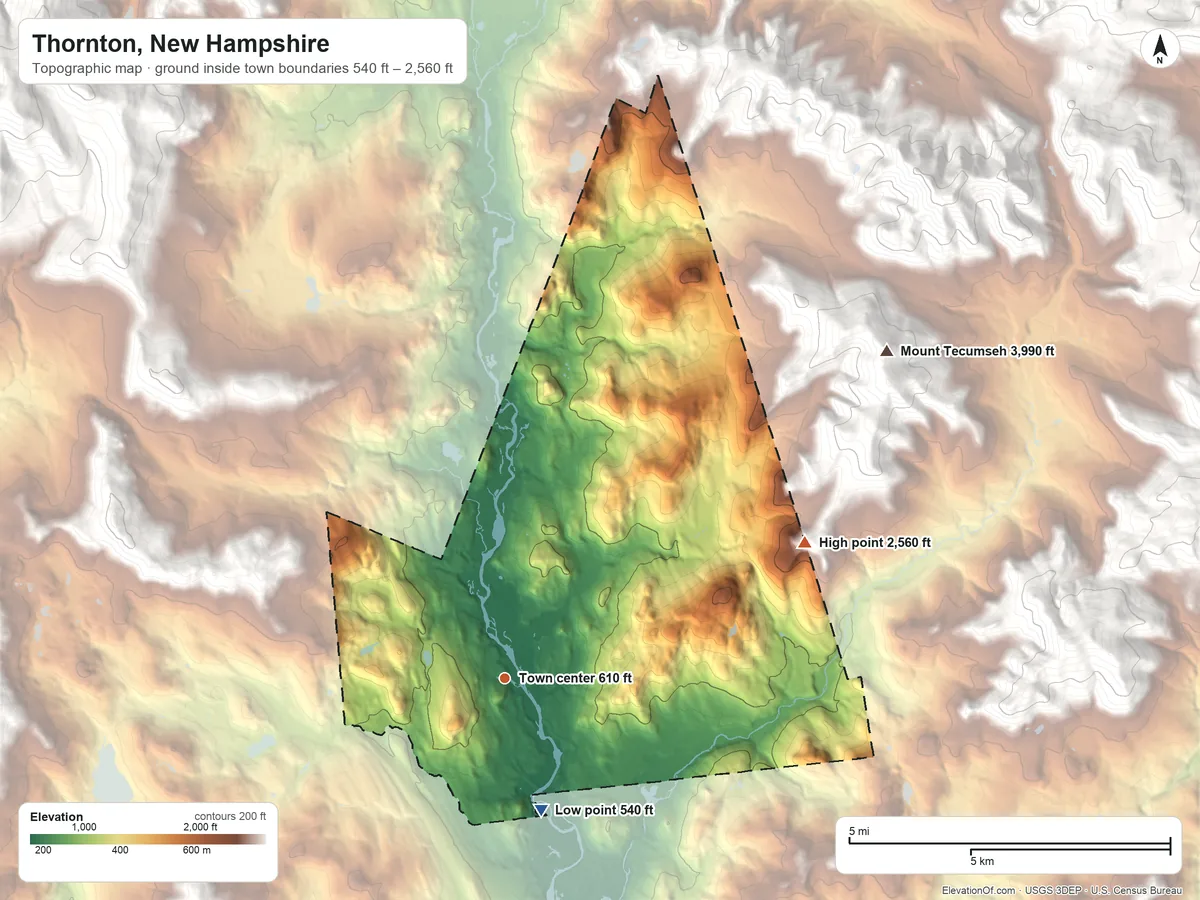 Topographic elevation map of Thornton, New Hampshire, shaded from 540 ft on the south side to 2,560 ft on the northeast edge, below higher ground just outside
