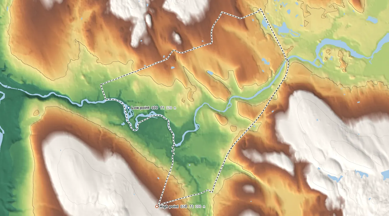 Topographic elevation map of Tilton Northfield, New Hampshire, shaded from 400 ft on the west side to 650 ft on the southwest side