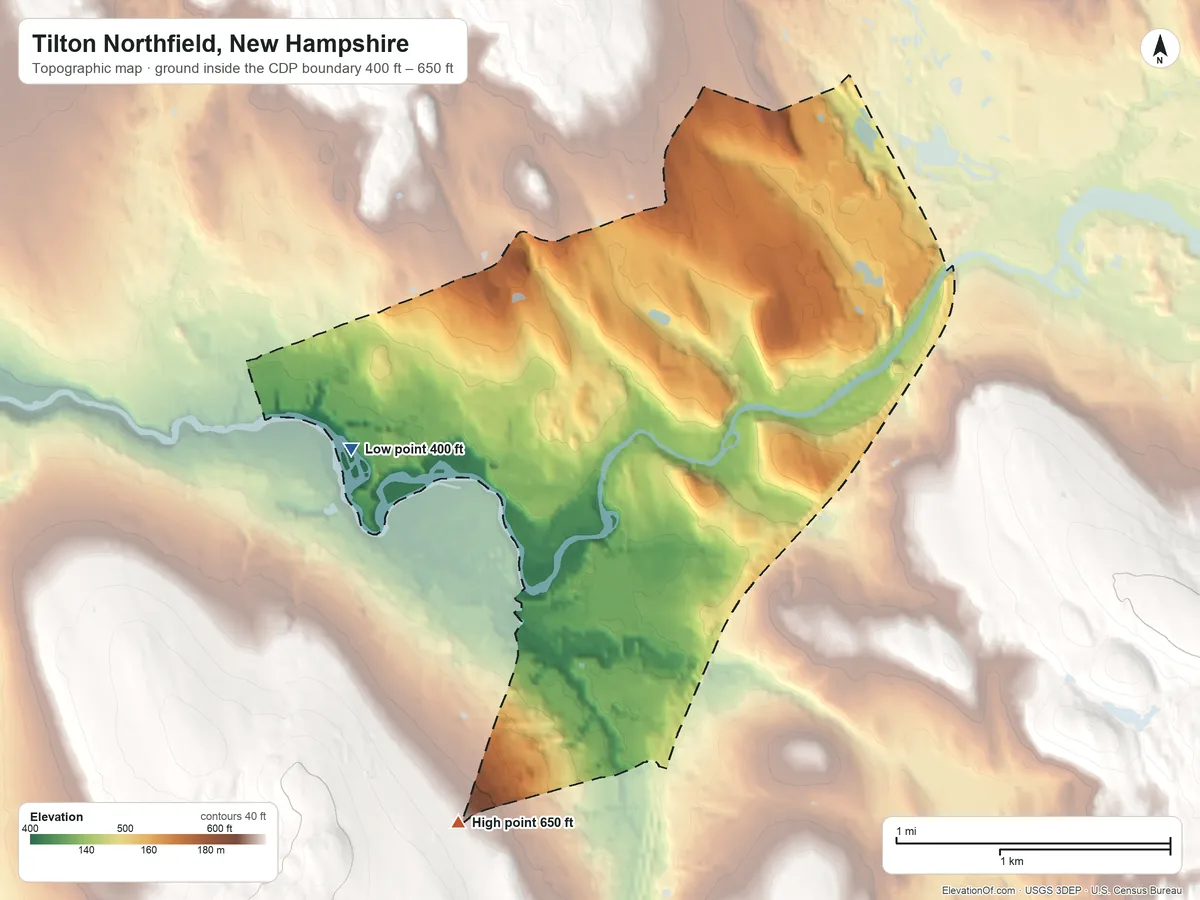 Topographic elevation map of Tilton Northfield, New Hampshire, shaded from 400 ft on the west side to 650 ft on the southwest side