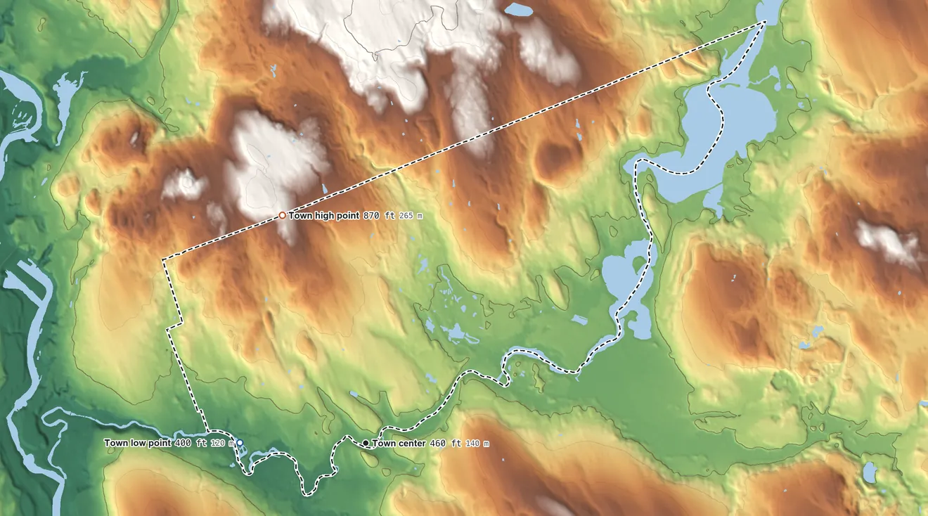 Topographic elevation map of Tilton, New Hampshire, shaded from 400 ft on the west side to 870 ft on the north side