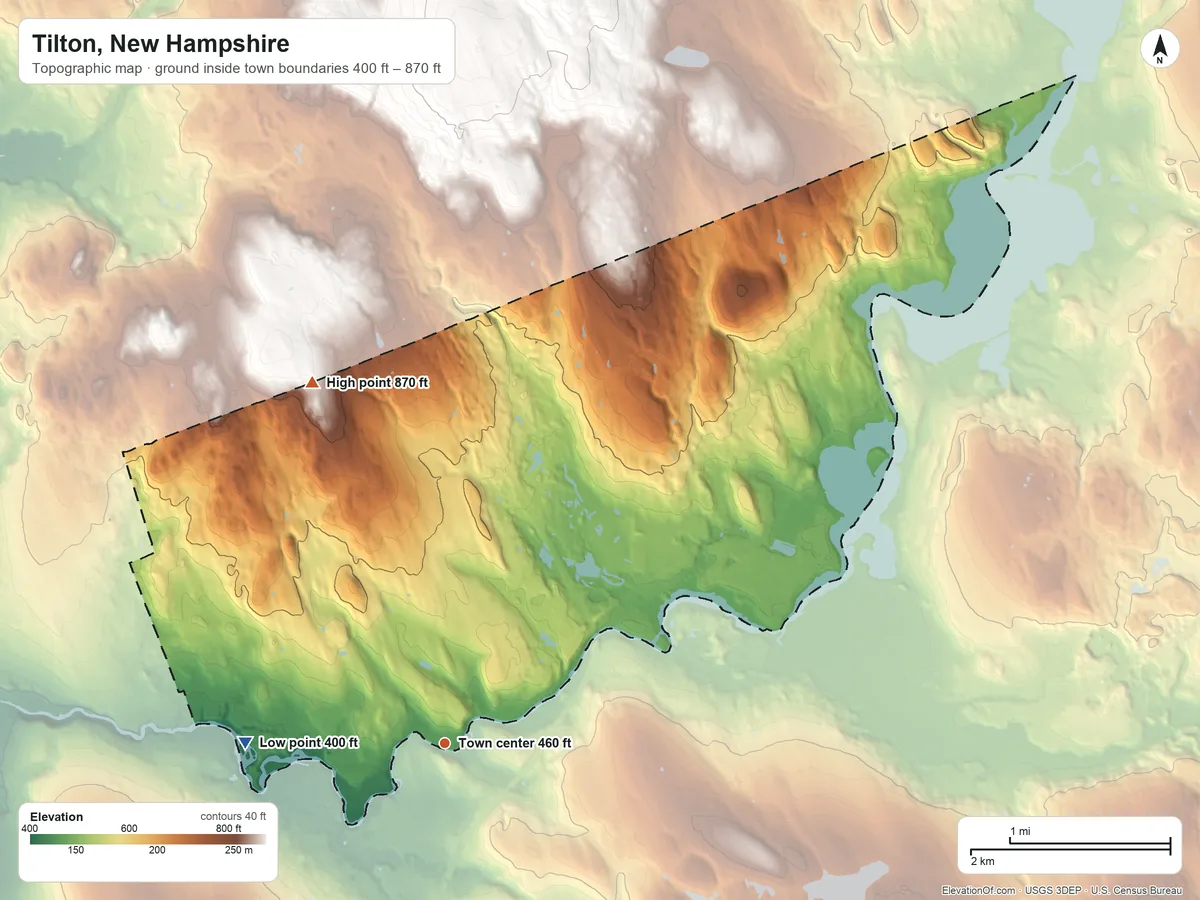 Topographic elevation map of Tilton, New Hampshire, shaded from 400 ft on the west side to 870 ft on the north side