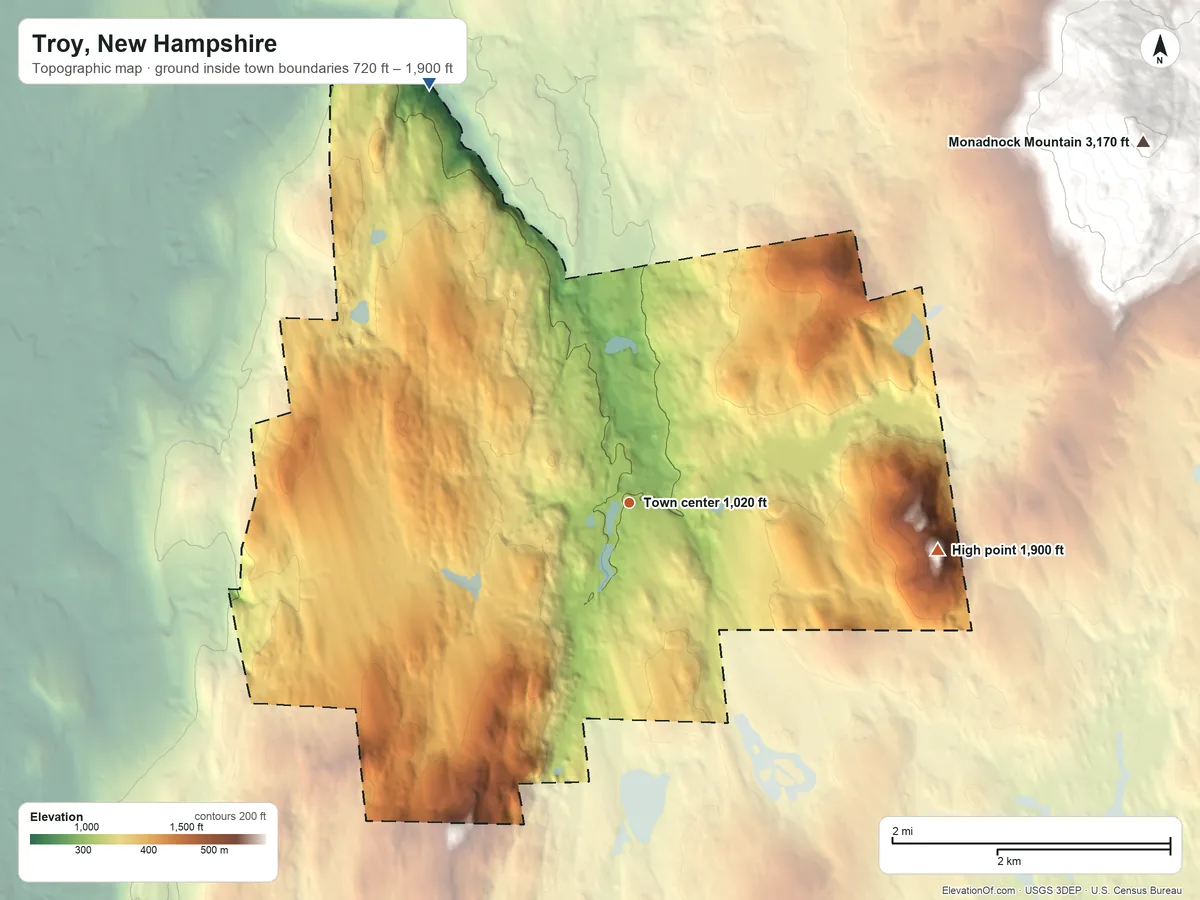 Topographic elevation map of Troy, New Hampshire, shaded from 720 ft on the northwest side to 1,900 ft on the east side