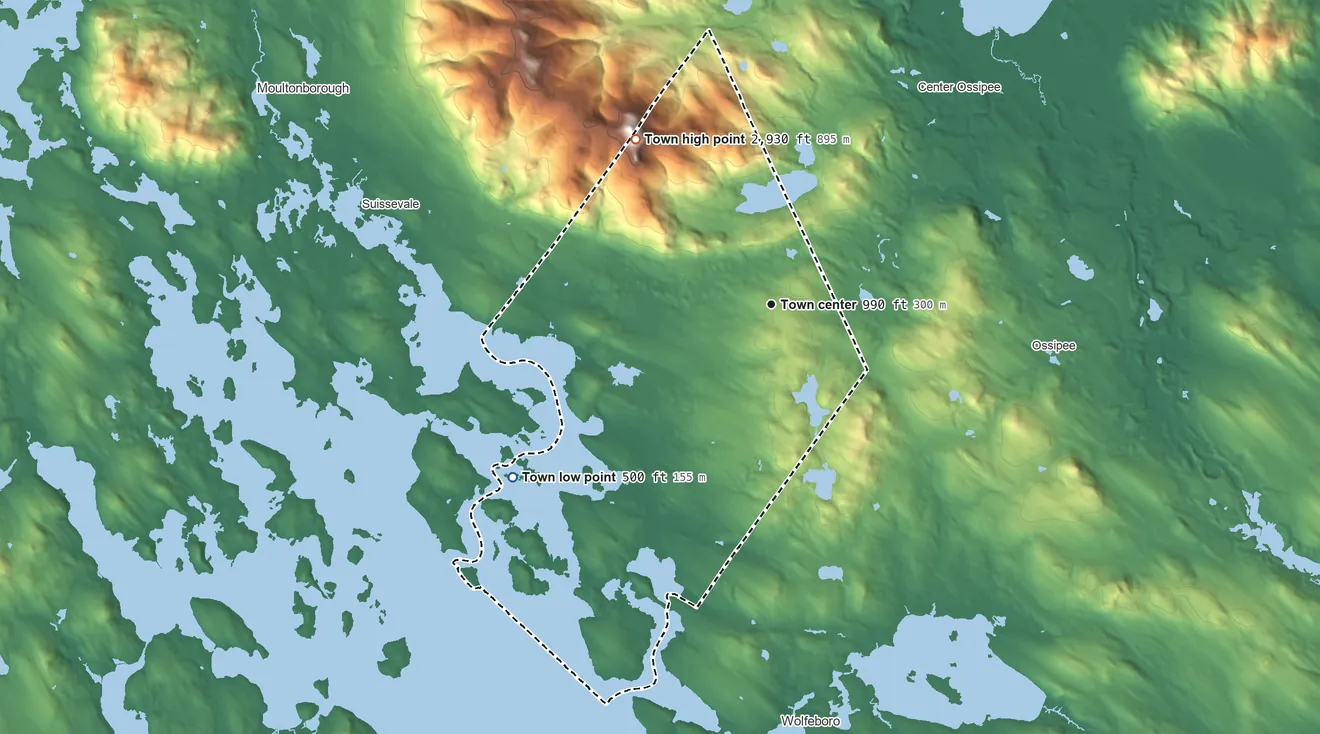 Topographic elevation map of Tuftonboro, New Hampshire, shaded from 500 ft on the southwest side to 2,930 ft on the northwest side