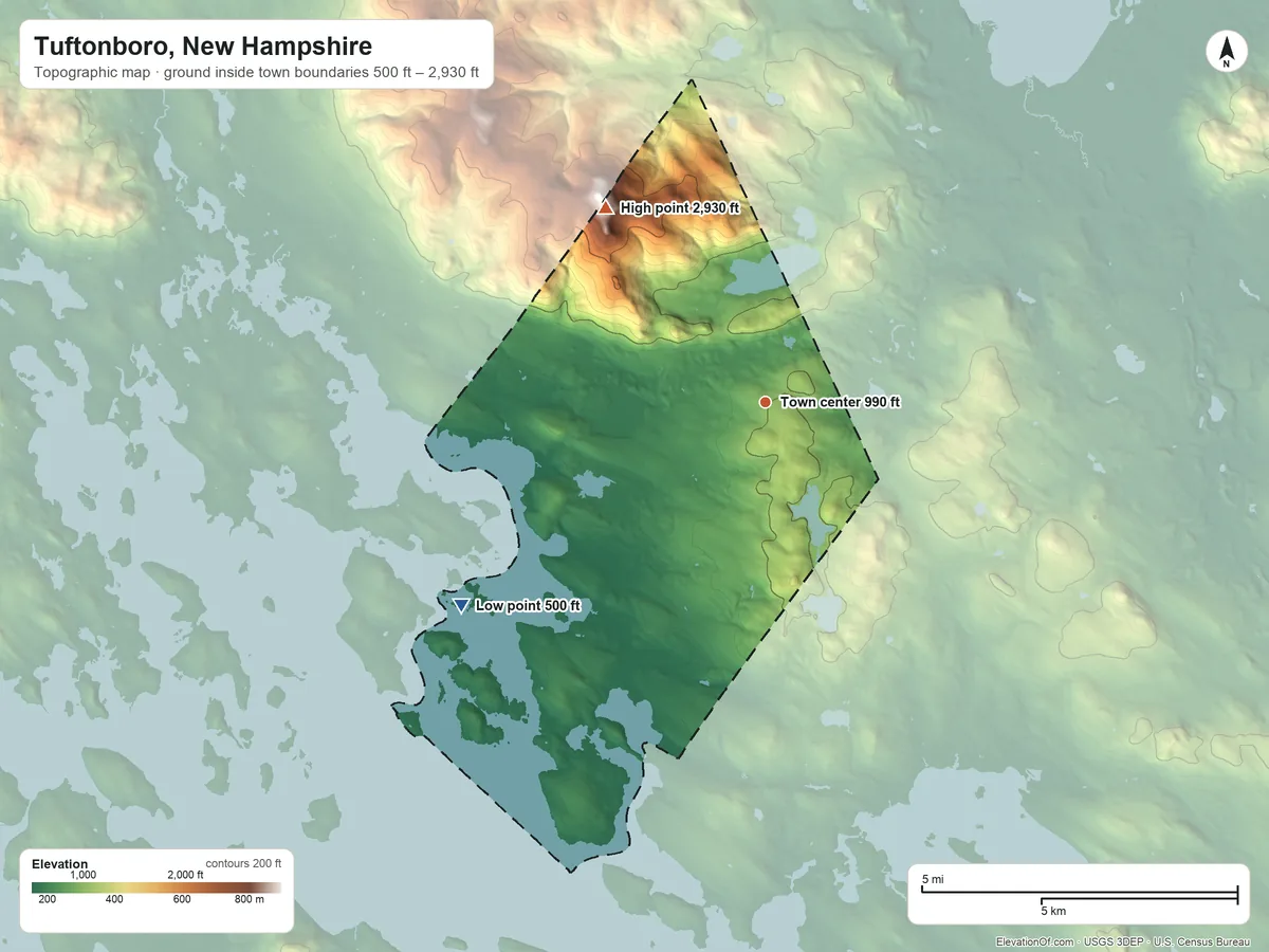 Topographic elevation map of Tuftonboro, New Hampshire, shaded from 500 ft on the southwest side to 2,930 ft on the northwest side