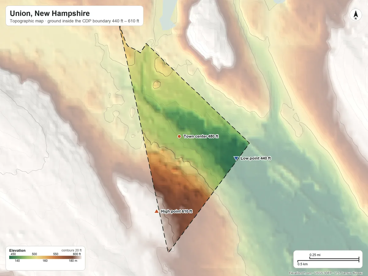 Topographic elevation map of Union, New Hampshire, shaded from 440 ft on the east side to 610 ft on the south side