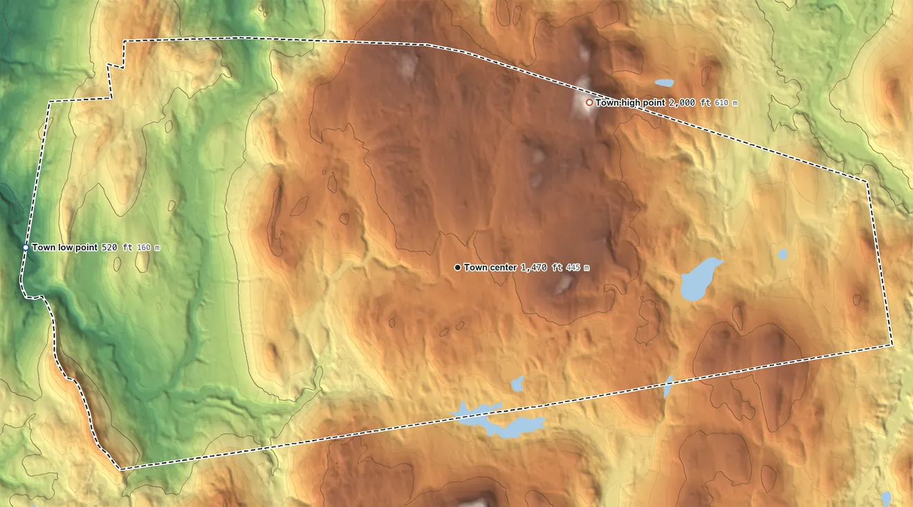 Topographic elevation map of Unity, New Hampshire, shaded from 520 ft on the west side to 2,000 ft on the northeast side