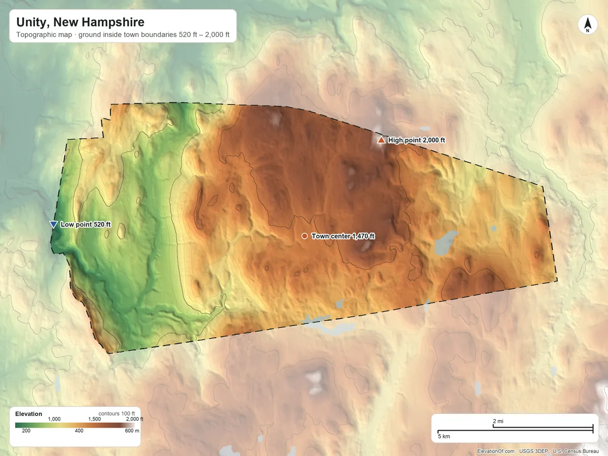 Topographic elevation map of Unity, New Hampshire, shaded from 520 ft on the west side to 2,000 ft on the northeast side
