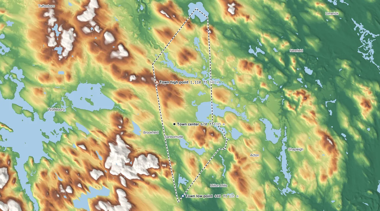 Topographic elevation map of Wakefield, New Hampshire, shaded from 440 ft on the south side to 1,110 ft on Long Mountain