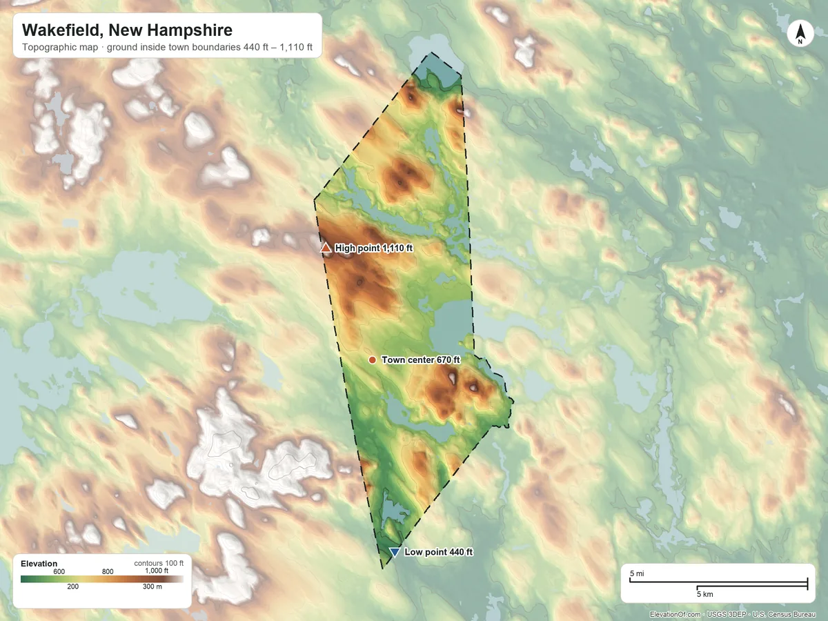 Topographic elevation map of Wakefield, New Hampshire, shaded from 440 ft on the south side to 1,110 ft on Long Mountain