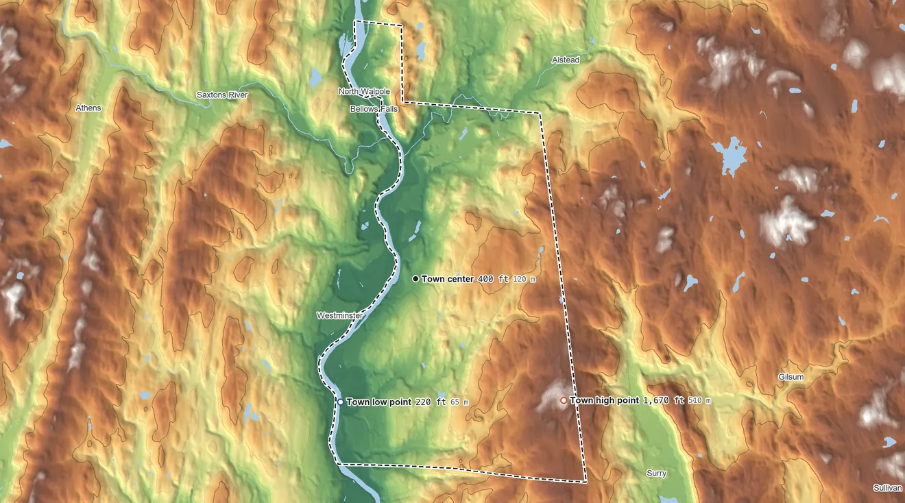 Topographic elevation map of Walpole, New Hampshire, shaded from 220 ft on the southwest side to 1,670 ft on Derry Hill