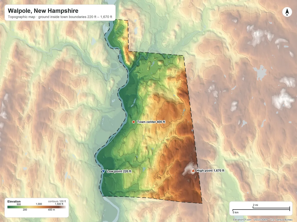 Topographic elevation map of Walpole, New Hampshire, shaded from 220 ft on the southwest side to 1,670 ft on Derry Hill