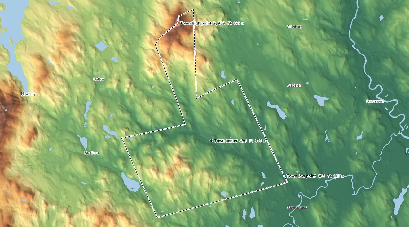 Topographic elevation map of Warner, New Hampshire, shaded from 360 ft on the southeast side to 2,930 ft on Mount Kearsarge