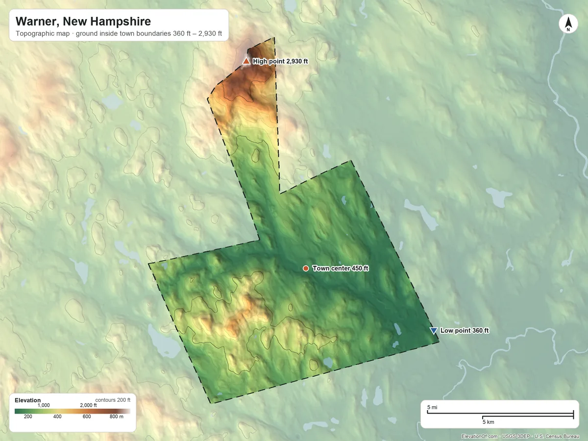 Topographic elevation map of Warner, New Hampshire, shaded from 360 ft on the southeast side to 2,930 ft on Mount Kearsarge