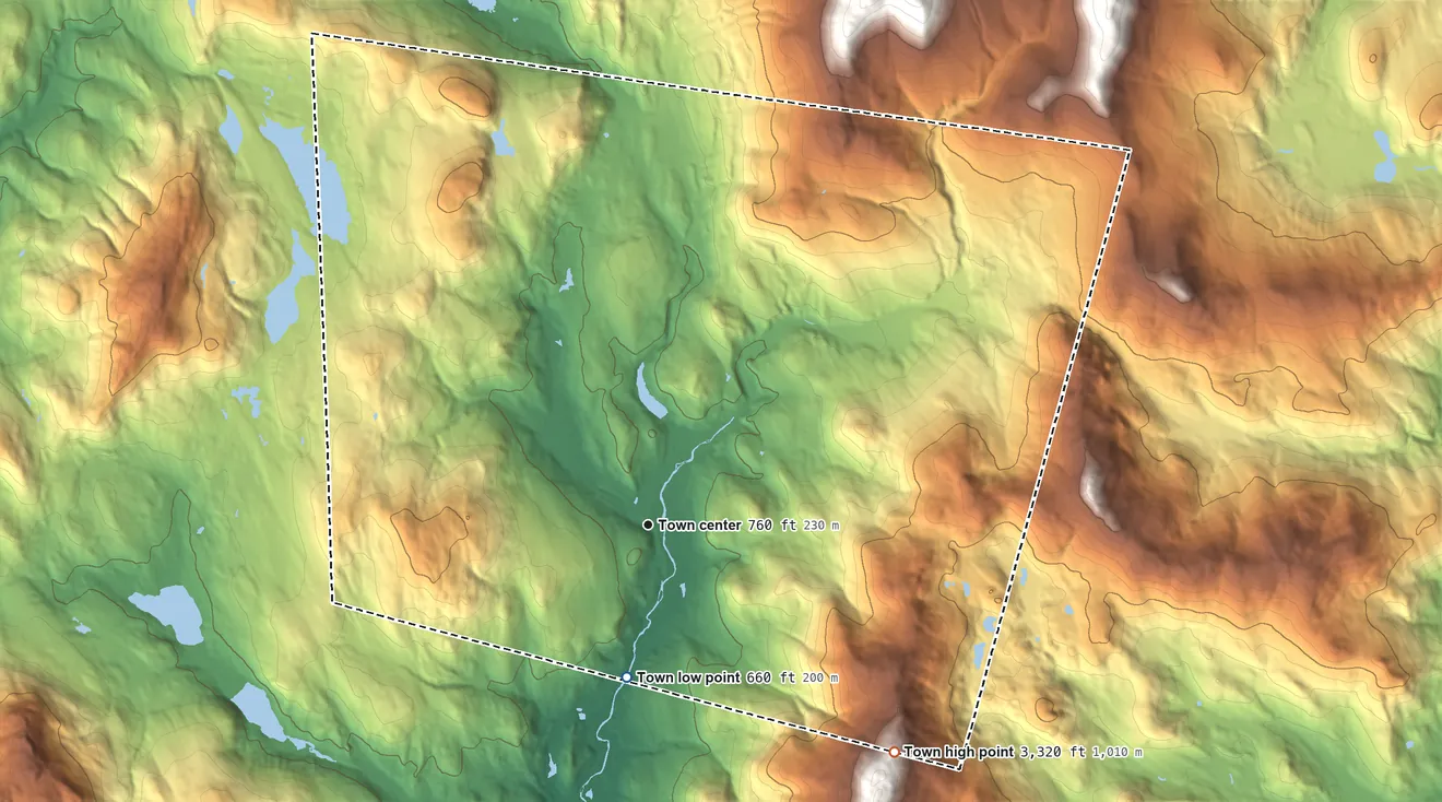 Topographic elevation map of Warren, New Hampshire, shaded from 660 ft on the south side to 3,320 ft on the southeast side