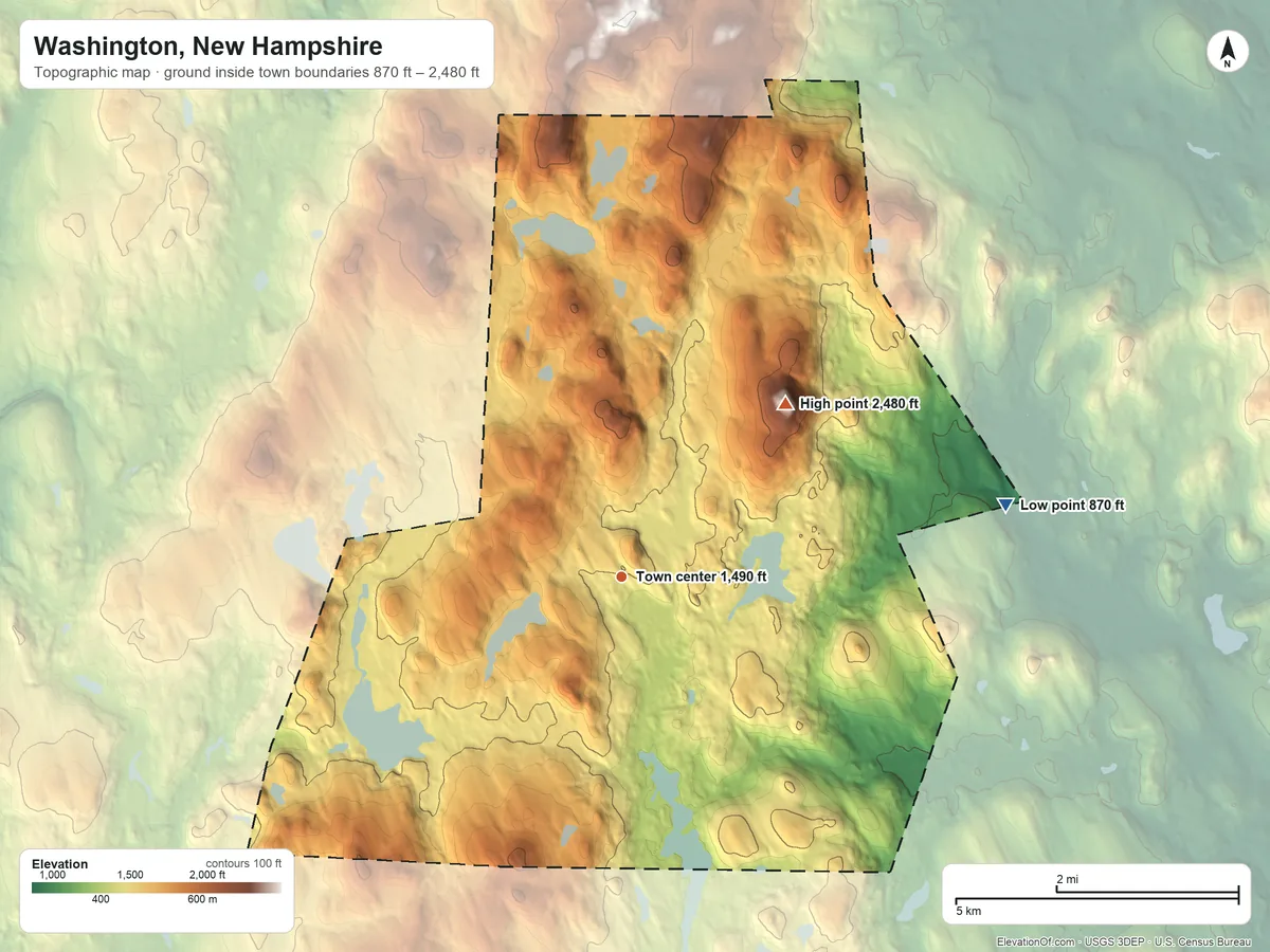 Topographic elevation map of Washington, New Hampshire, shaded from 870 ft on the east side to 2,480 ft on Lovewell Mountain