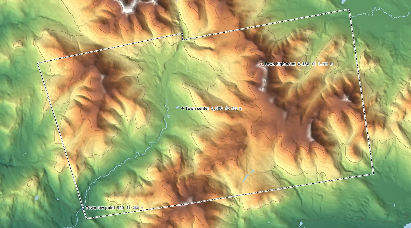 Topographic elevation map of Waterville Valley, New Hampshire, shaded from 920 ft on the southwest side to 4,150 ft on Mount Tripyramid
