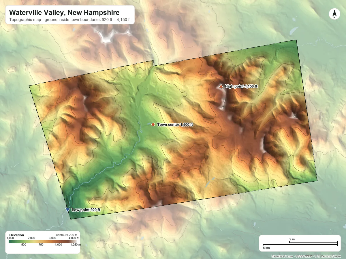 Topographic elevation map of Waterville Valley, New Hampshire, shaded from 920 ft on the southwest side to 4,150 ft on Mount Tripyramid