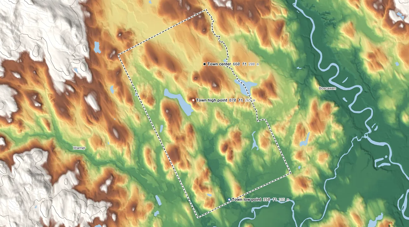 Topographic elevation map of Webster, New Hampshire, shaded from 350 ft on the south side to 870 ft on the south side