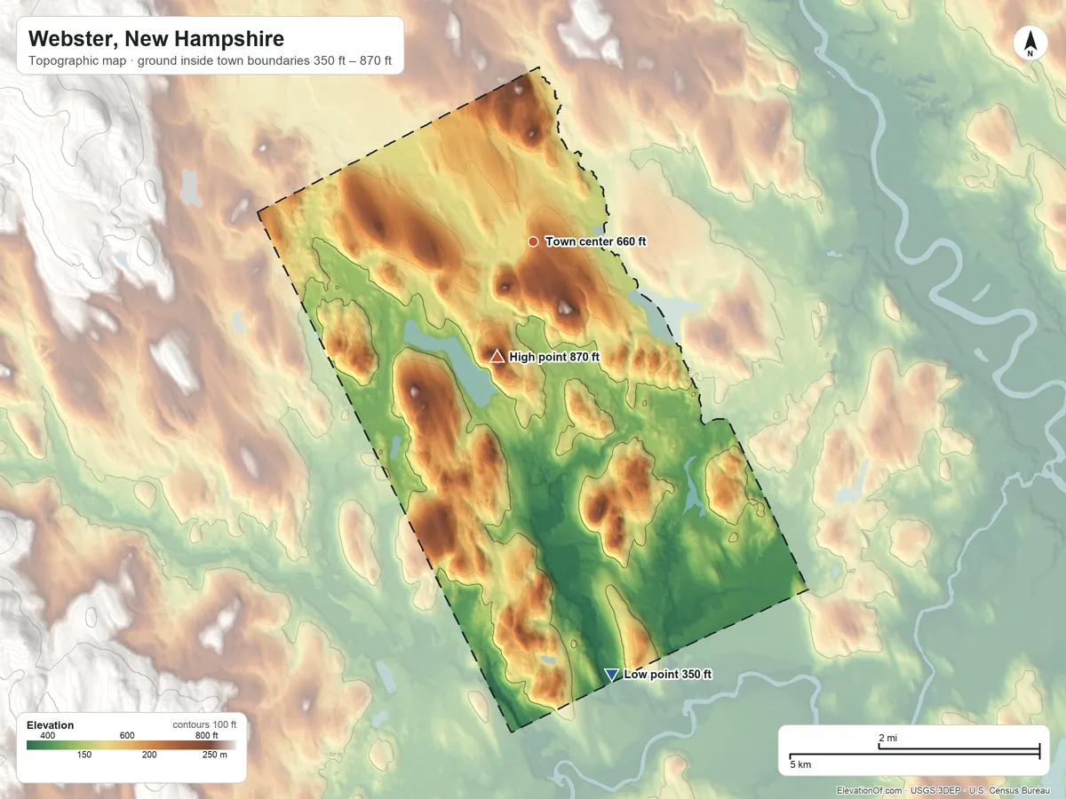 Topographic elevation map of Webster, New Hampshire, shaded from 350 ft on the south side to 870 ft on the south side