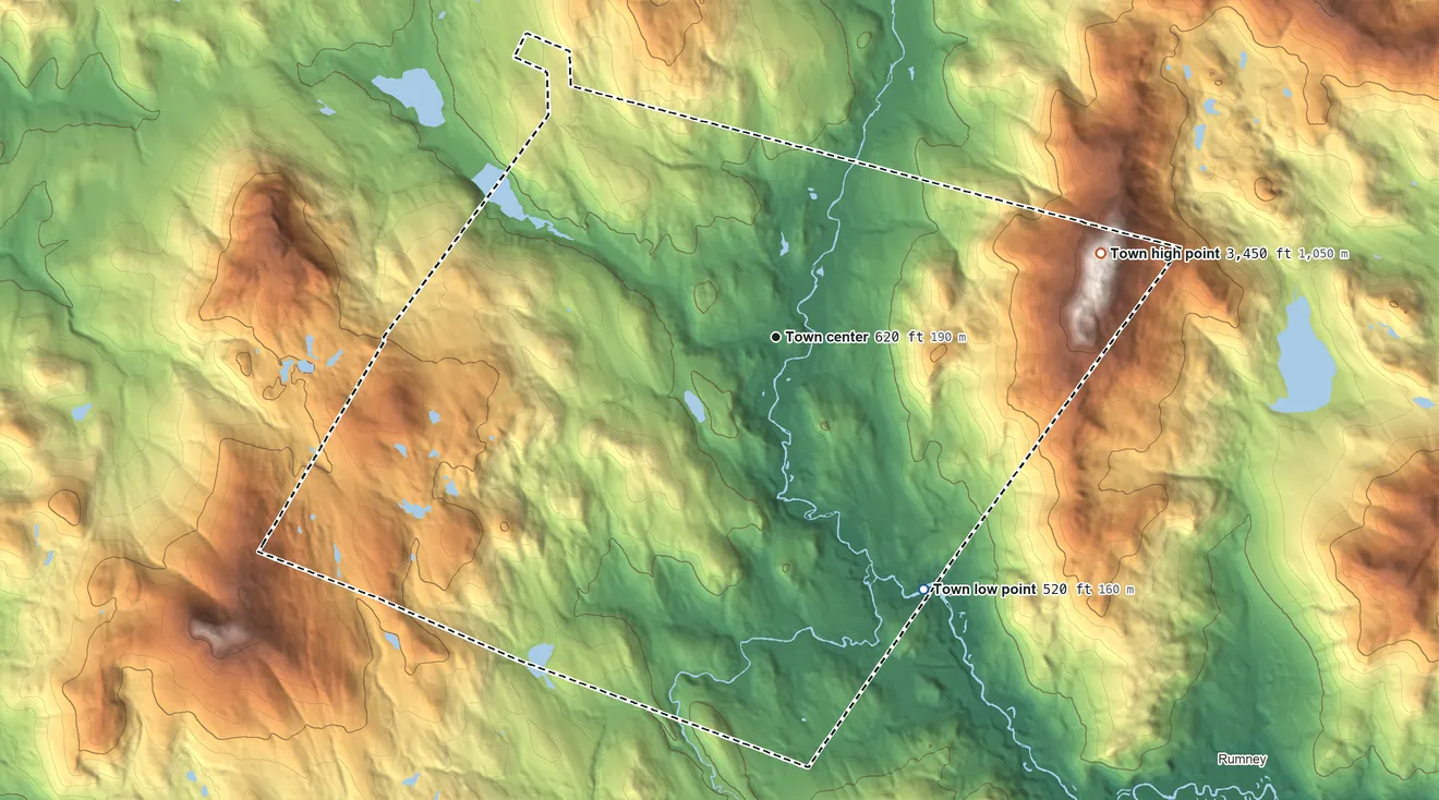 Topographic elevation map of Wentworth, New Hampshire, shaded from 520 ft on the southeast side to 3,450 ft on Carr Mountain