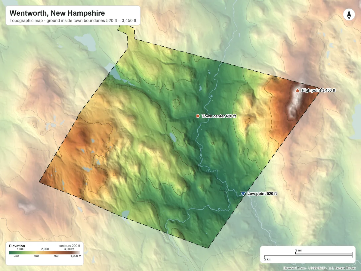 Topographic elevation map of Wentworth, New Hampshire, shaded from 520 ft on the southeast side to 3,450 ft on Carr Mountain