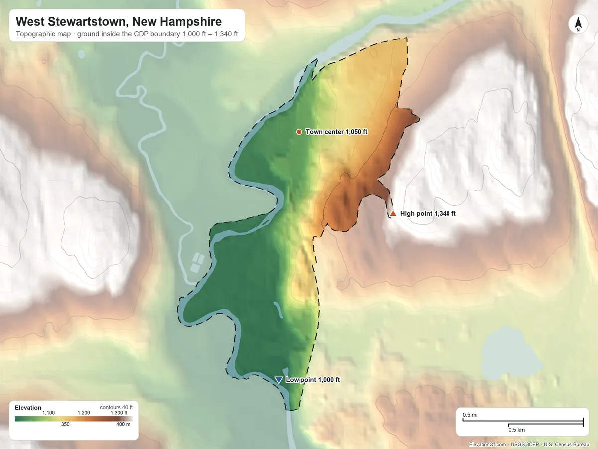 Topographic elevation map of West Stewartstown, New Hampshire, shaded from 1,000 ft on the south side to 1,340 ft on the southeast edge, below higher ground just outside